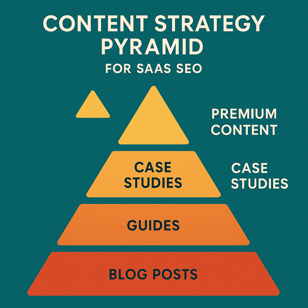 Content marketing pyramid showing blog posts, guides, case studies, and premium content for SaaS SEO