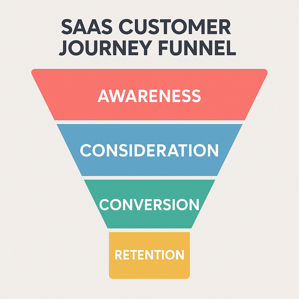 SaaS customer journey showing awareness, consideration, and decision stages with SEO touchpoints