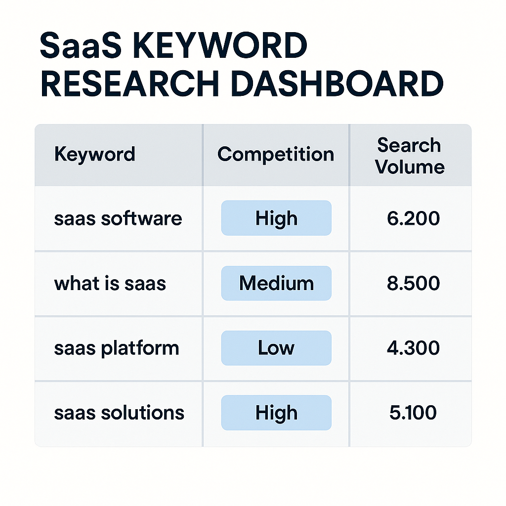 Keyword research tool showing SaaS-related search terms, competition levels, and search volumes