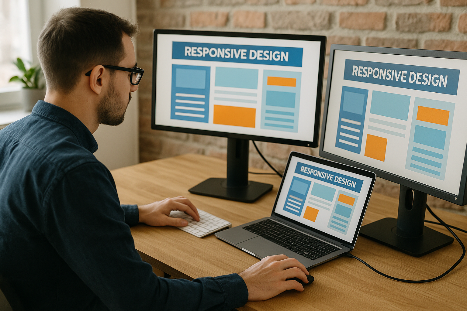 Professional web designer creating responsive website layouts on computer screens